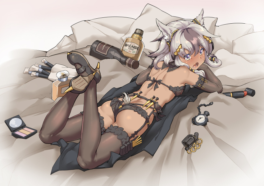 animal_ears ass black_bra black_footwear black_gloves black_hair black_panties black_thighhighs blanket blush bottle bra commentary_request covered_nipples dark-skinned_female dark_skin elbow_gloves female flat_chest full_body garter_belt gloves grey_eyes grey_hair hair_ornament high_heels highres jackal_(warship_girls_r) jackal_ears lying multicolored_hair nose_blush on_stomach open_mouth panties pillow pocket_watch sidelocks sirills solo thighhighs two-tone_hair underwear warship_girls_r watch