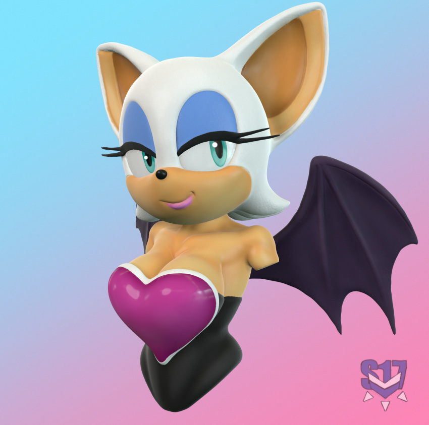 2019 3d_(artwork) 3d_bust anthro bat big_breasts big_ears black_nose blue_background blue_eyes blue_eyeshadow breasts chromakoros cleavage clothed clothing digital_media_(artwork) eyelashes eyeshadow female fur gradient_background hair half-closed_eyes half-length_portrait hi_res lips looking_aside looking_at_viewer makeup mammal membrane_(anatomy) membranous_wings narrowed_eyes pink_background pink_lips portrait rouge_the_bat sega short_hair simple_background smile solo sonic_the_hedgehog_(series) spread_wings white_body white_fur white_hair wings