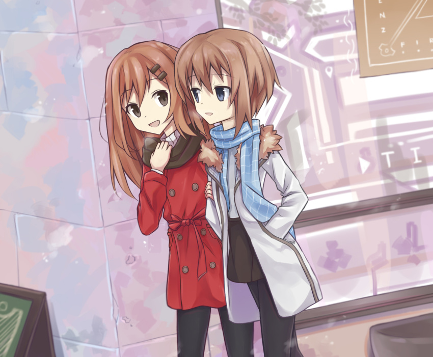 2girls black_legwear blanc_(neptunia) blue_eyes brown_hair coat commentary_request cyan_aeolin financier fur_trim hair_ornament hairclip highres long_hair long_sleeves multiple_girls neptune_(series) open_mouth pantyhose photoshop_(medium) red_coat scarf short_hair skirt smile