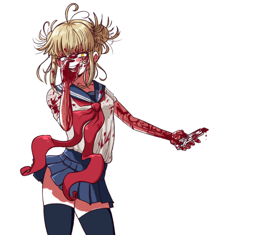 bangs blonde_hair blood bloody_clothes bloody_hands bloody_knife bloody_weapon blue_skirt blunt_bangs blush boku_no_hero_academia boxcutter cowboy_shot double_bun fangs female hair_bun highres knife messy_hair open_mouth pleated_skirt school_uniform serafuku skirt smile solo thighhighs toga_himiko voodoodollmaster weapon yellow_eyes