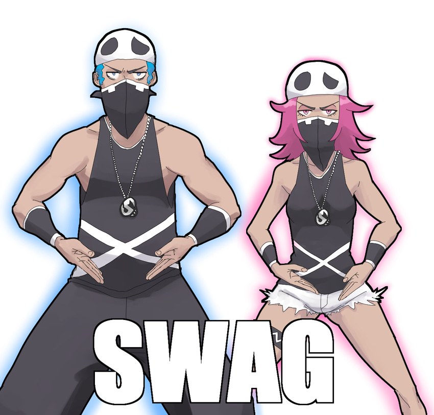 1boy bandana bandana_over_mouth commentary_request english_text female highres pokemon pokemon_sm pose reze_(rewindze) swag team_skull team_skull_grunt text_focus