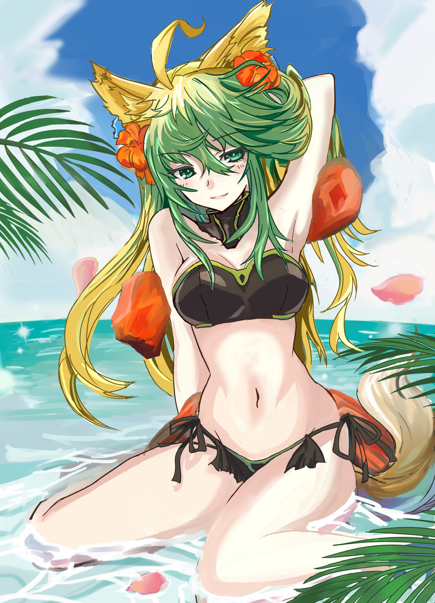 absurdres animal_ears atalanta_(fate) atalanta_(formal_dress)_(fate) bikini black_bikini blonde_hair breasts cat_ears cat_tail cloud commentary_request day fate/apocrypha fate_(series) female flower green_eyes green_hair hair_between_eyes hair_flower hair_ornament highres long_hair looking_at_viewer medium_breasts multicolored_hair navel outdoors side-tie_bikini_bottom sitting sky smile solo strapless strapless_bikini swimsuit tail two-tone_hair uruzu very_long_hair wariza water