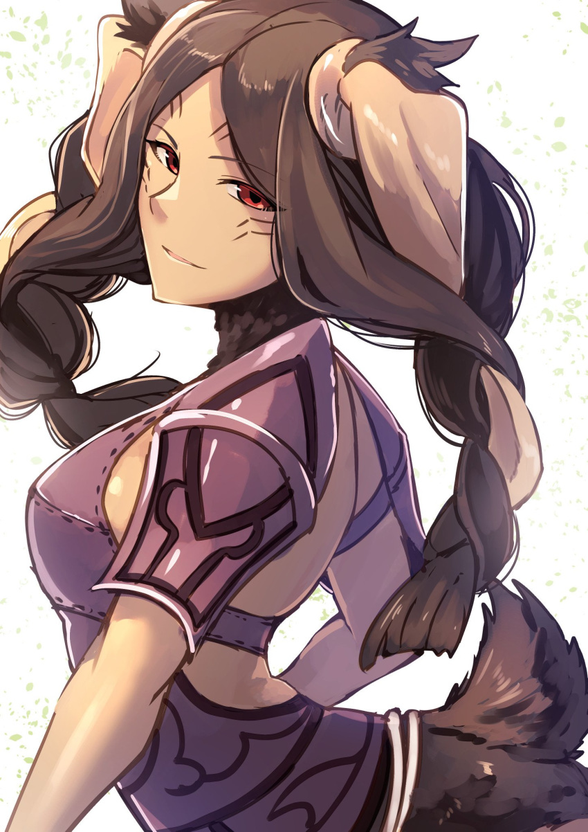 animal_ears armor braid brown_hair commentary_request female fire_emblem fire_emblem_awakening hair_around_ear highres long_hair looking_at_viewer nakabayashi_zun panne_(fire_emblem) rabbit_ears rabbit_girl red_eyes simple_background smile solo taguel twin_braids twintails white_background