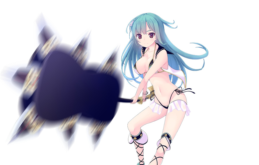 akesaka_iku alternate_costume aqua_hair bikini breasts cleavage female holding holding_weapon large_breasts looking_at_viewer midriff nagoya_(oshiro_project) navel official_art oshiro_project:re purple_eyes swimsuit swinging transparent_background weapon