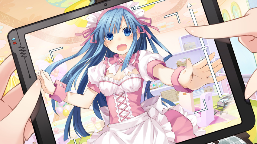 absurdres blue_hair blush female game_cg hair_ornament highres long_hair looking_at_viewer mages. mole mole_under_eye neptune_(series) official_art open_mouth solo_focus tablet_pc tsunako