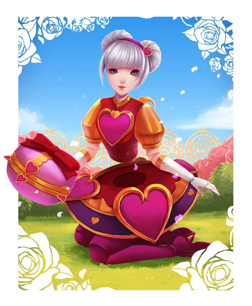 absurdres alternate_costume alternate_hair_color blue_sky bush cloud commentary_request day doll_joints double_bun female full_body grass hair_bun hairband heartseeker_orianna highres joints kinnohome kneeling league_of_legends looking_at_viewer orianna_(league_of_legends) outdoors purple_eyes sky solo white_hair