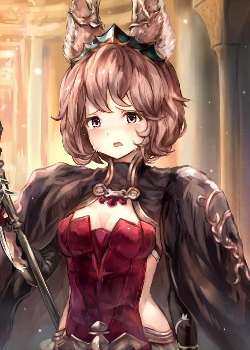 animal_ears bad_id bad_pixiv_id blush breasts brown_hair cleavage cloak constance_(granblue_fantasy) crying crying_with_eyes_open erune female granblue_fantasy highres looking_at_viewer medium_breasts no_eyewear open_mouth red_eyes solo staff sukemyon tears tiara upper_body