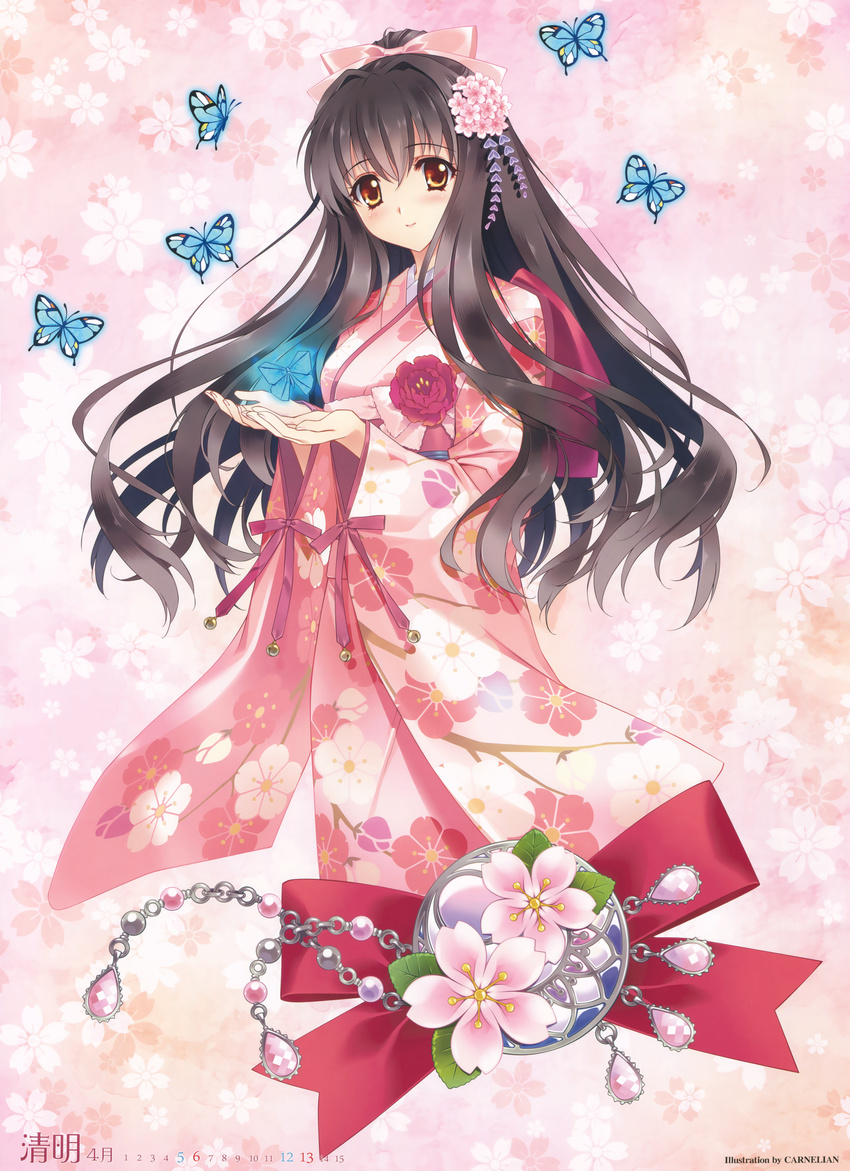 absurdres black_hair blue_butterfly blush brown_eyes bug butterfly carnelian female flower hair_flower hair_ornament hanamakura highres japanese_clothes kimono long_hair pink_kimono solo somei_yoshino yukata