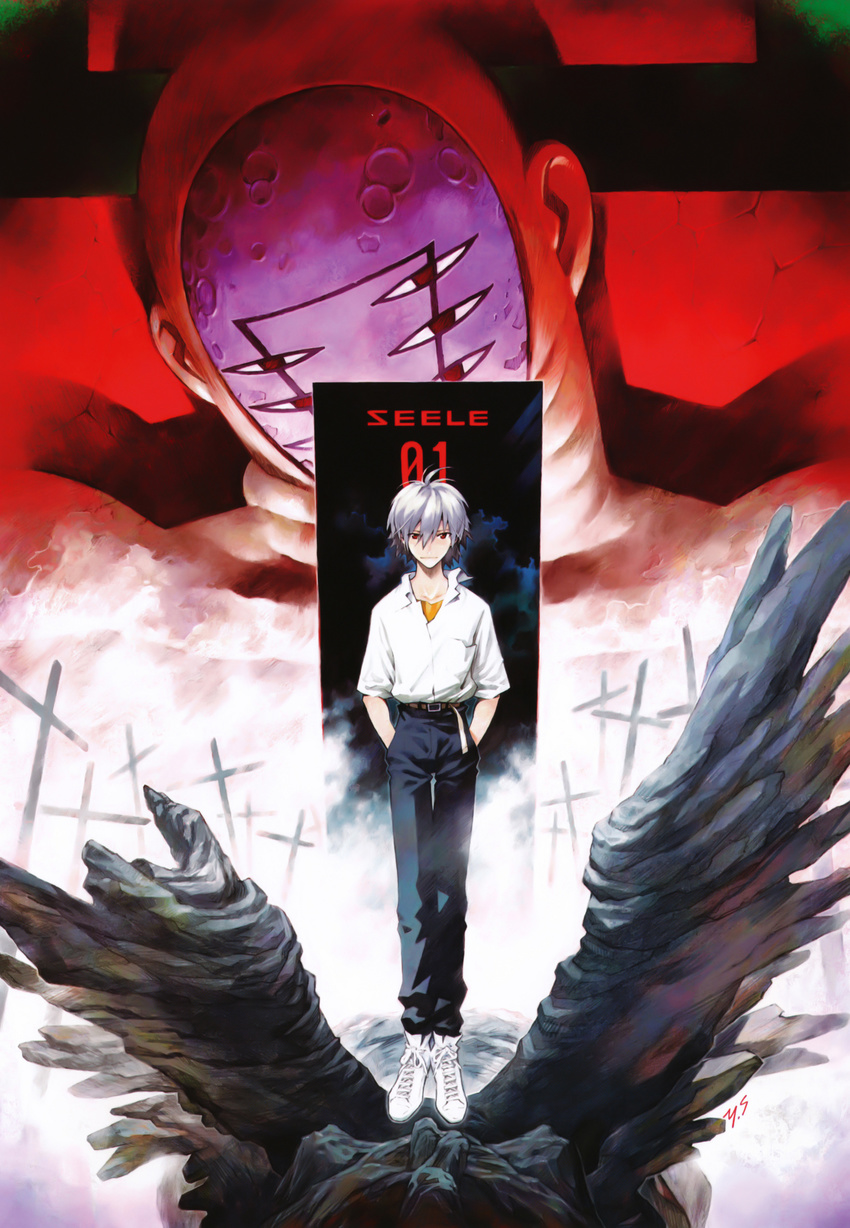 1boy floating highres lilith_(evangelion) nagisa_kaworu neon_genesis_evangelion neon_genesis_evangelion_(manga) official_art red_eyes sadamoto_yoshiyuki seele silver_hair statue