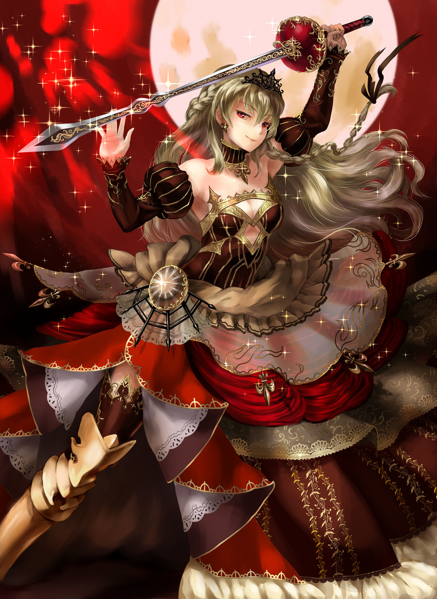 absurdres bad_id bad_pixiv_id blonde_hair braid breasts dress fantasy female full_moon highres long_hair looking_at_viewer medium_breasts moon natsujiru original photoshop_(medium) puffy_sleeves red_eyes skirt smile solo sparkle sword weapon