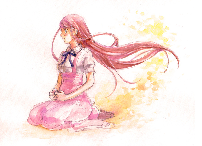 amanchu! bad_id bad_pixiv_id female itou_kokone long_hair ooki_futaba painting_(medium) pink_hair profile school_uniform seiza sitting solo traditional_media very_long_hair watercolor_(medium) wind wind_lift