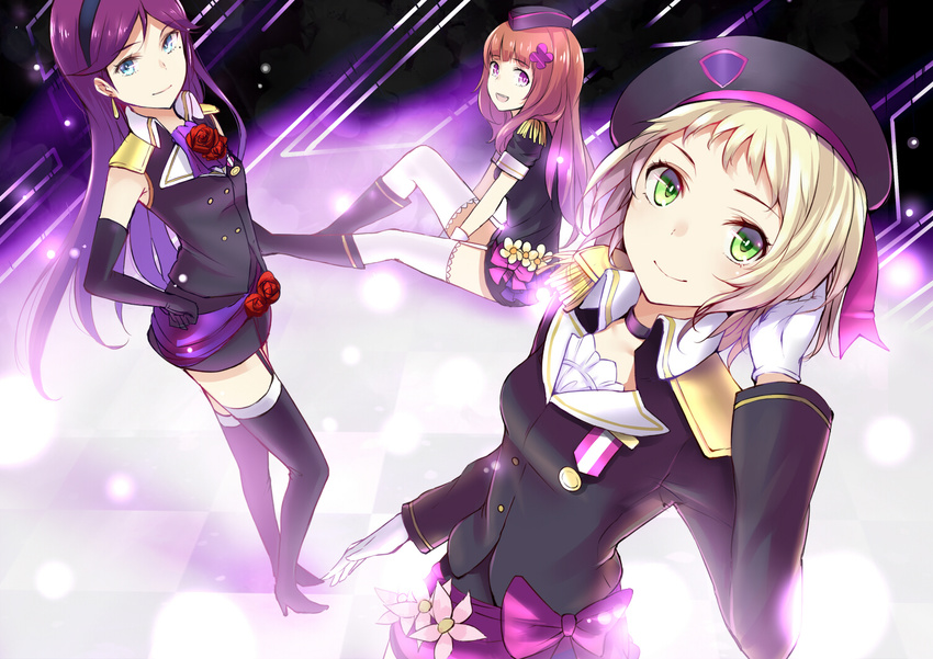 blonde_hair blue_eyes brown_hair elbow_gloves gloves hat kira_tsubasa long_hair love_live!_school_idol_project minato_(shouno) purple_eyes purple_hair short_hair thighhighs toudou_erena yuuki_anju