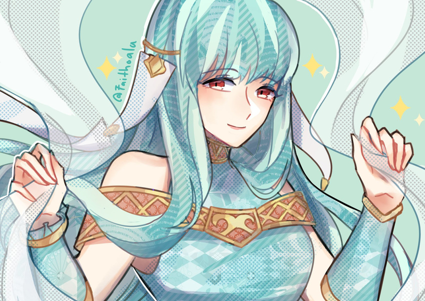 bare_shoulders blue_hair cape commentary_request dress faithoala female fire_emblem fire_emblem:_the_blazing_blade fire_emblem_heroes hair_ornament highres long_hair looking_at_viewer ninian_(fire_emblem) protected_link red_eyes smile solo