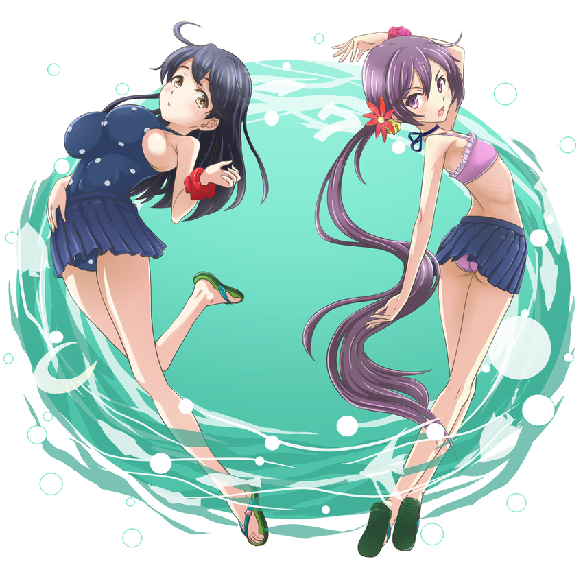 2girls ahoge akebono_(kancolle) akebono_(swimsuit_mode)_(kancolle) bell bikini black_hair blue_one-piece_swimsuit breasts commentary_request flat_chest flip-flops flower hair_bell hair_flower hair_ornament highres jingle_bell kantai_collection kibino_ido large_breasts long_hair multiple_girls one-piece_swimsuit polka_dot polka_dot_swimsuit purple_hair ribbon sandals side_ponytail skirt swimsuit ushio_(kancolle) ushio_(swimsuit_mode)_(kancolle) very_long_hair