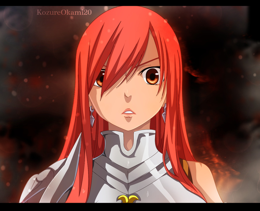 armor armored_dress artist_name commentary_request dark_background earrings erza_scarlet fairy_tail female hair_over_one_eye jewelry kozureokami20 letterboxed long_hair looking_at_viewer parted_lips red_eyes red_hair solo upper_body