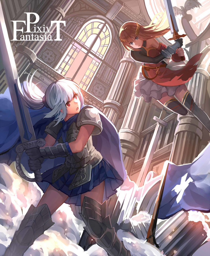 2girls armor armored_boots asymmetrical_clothes bare_shoulders battle black_legwear blue_eyes boots cape commentary_request copyright_name detached_sleeves duel dust_cloud eye_contact fighting_stance flag from_below gauntlets highres holding holding_sword holding_weapon hunxiao_xingshuang indoors jumping long_hair looking_at_another looking_back miniskirt multiple_girls open_mouth pauldrons pillar pixiv_fantasia pixiv_fantasia_t plate_armor pleated_skirt ponytail red_eyes red_hair serious shoulder_armor skirt stained_glass sword thighhighs two-handed weapon white_hair zettai_ryouiki