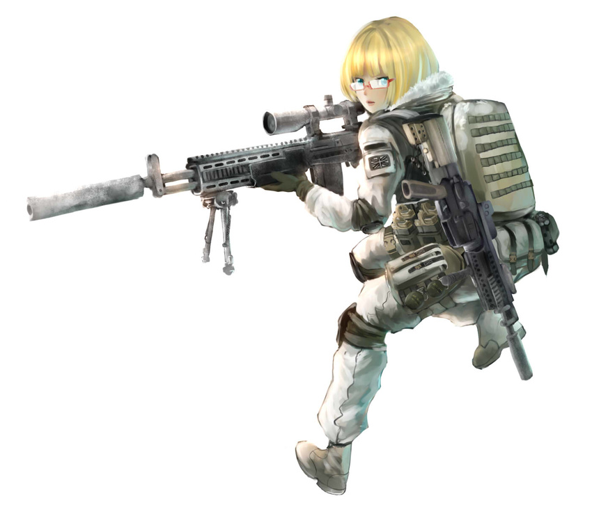 assault_rifle backpack bag battle_rifle bipod blonde_hair boots combat_boots commentary_request copyright_request eotech explosive female glasses grenade gun highres knee_pads m14 m4_carbine military military_operator military_uniform rifle scope solo suppressor takio uniform union_jack weapon