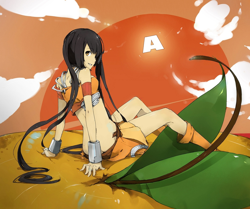 arancia bad_id bad_pixiv_id black_hair boots bracelet butt_crack female food francisco_valle fruit jewelry long_hair looking_back midriff miniskirt orange_(fruit) orange_eyes orange_skirt original skirt solo sunset twintails