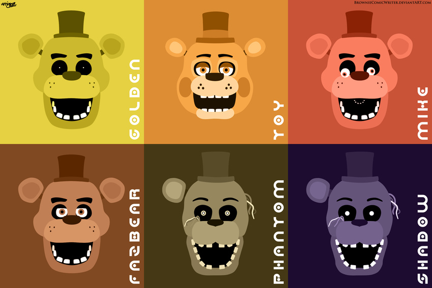 2015 3:2 animatronic bear brown_background clothing digital_media_(artwork) five_nights_at_freddy's five_nights_at_freddy's_2 five_nights_at_freddy's_3 freddy_(fnaf) golden_freddy_(fnaf) greenlinzerd group hat headgear headwear hi_res machine mammal mike_schmidt minimalist orange_background phantom_freddy_(fnaf) purple_background red_background restricted_palette robot scottgames shadow_freddy_(fnaf) simple_background solo_focus top_hat toy_freddy_(fnaf) yellow_background