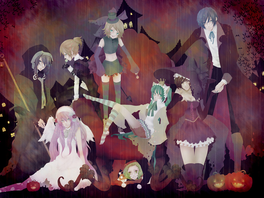 3boys 5girls animal_ears blonde_hair blue_hair brown_hair candy castle cat_ears coat crown curly_hair dark detached_sleeves dress everyone gloves green_hair group halloween hat hatsune_miku highres kagamine_len kagamine_rin kaito kneeling laying_down long_hair lying megurine_luka multiple_boys multiple_girls nail_polish on_knees pink_hair pumpkin rain raining ribbon short_hair shorts sitting skirt striped striped_legwear striped_stockings thighhighs vocaloid wings