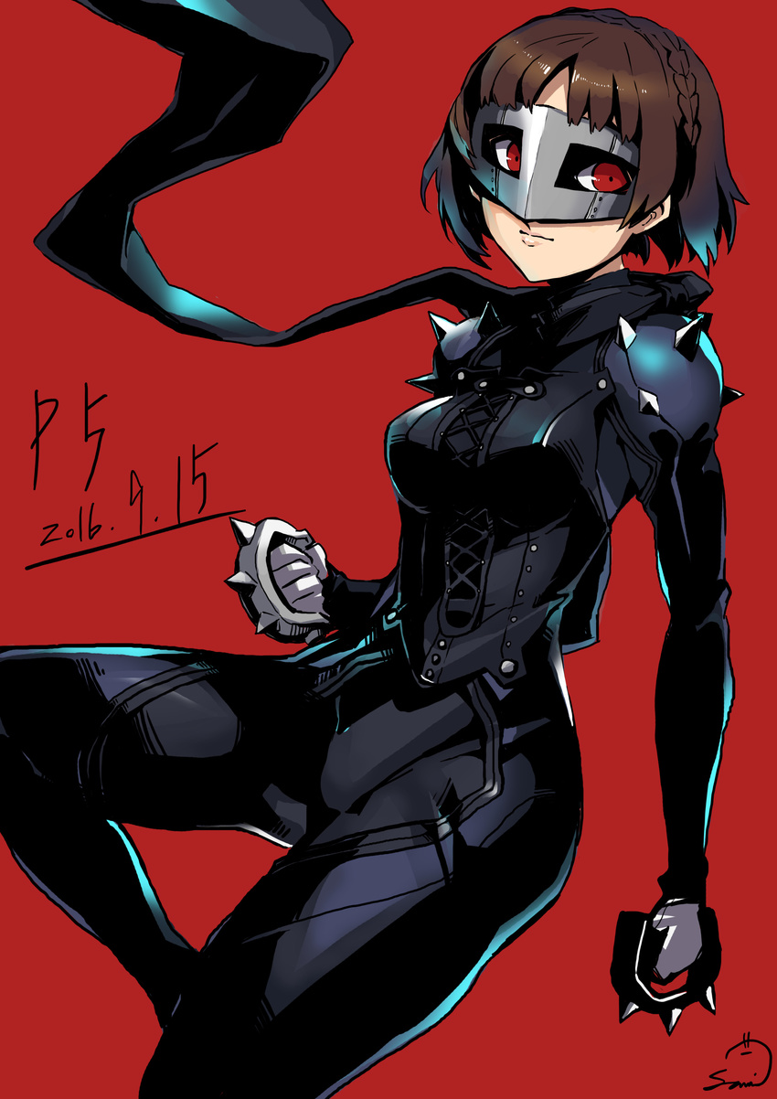 absurdres bodysuit braid brown_hair commentary_request crown_braid female highres mask niijima_makoto persona persona_5 photoshop_(medium) red_eyes samidare_satsuki short_hair solo