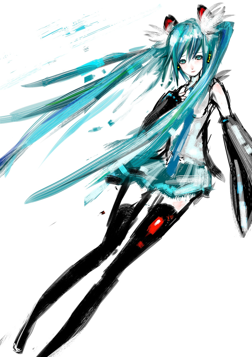 aqua_eyes aqua_hair bad_id bad_pixiv_id detached_sleeves female hanusu hatsune_miku highres long_hair necktie simple_background skirt solo thighhighs twintails very_long_hair vocaloid