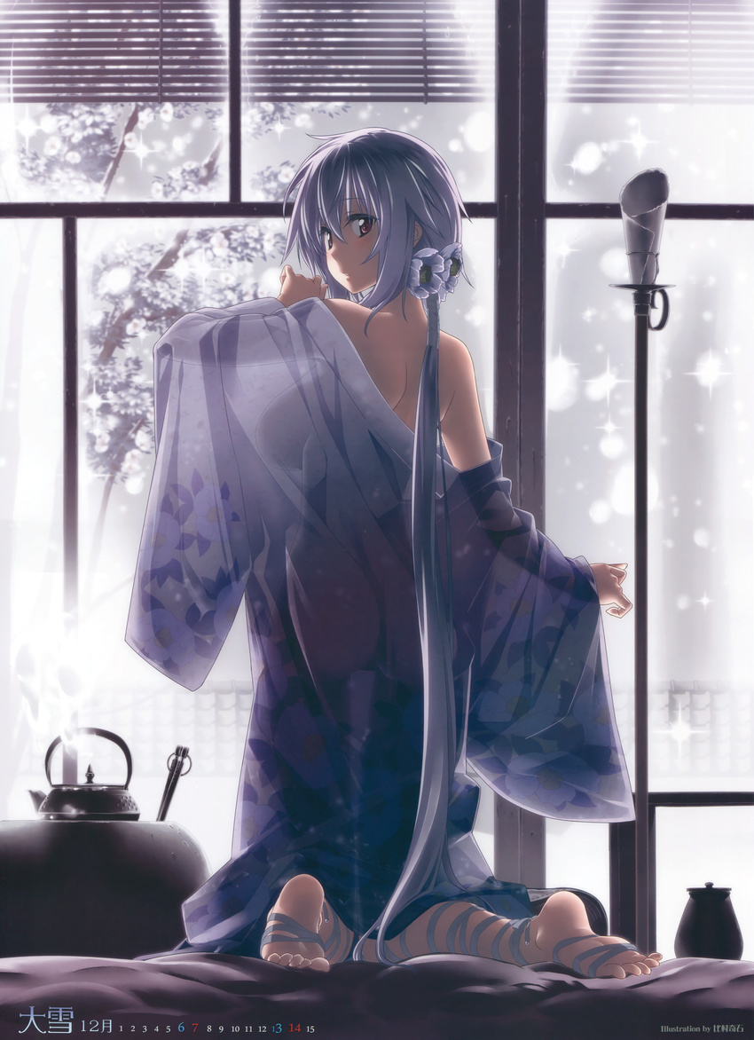 absurdres ass back bare_shoulders barefoot blush breasts calendar_(medium) december female flower from_behind hair_between_eyes hair_flower hair_ornament hanamakura hibachi_(object) highres himura_kiseki indoors japanese_clothes kettle kimono kneeling large_breasts light_purple_hair long_hair looking_back low_ponytail off_shoulder open_clothes open_kimono parted_lips purple_eyes ribbon scan see-through see-through_silhouette shirotsubaki sideboob soles solo steam toes very_long_hair yukata