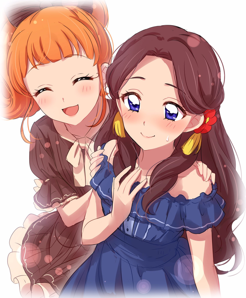 2girls :d aikatsu! aikatsu!_(series) bare_shoulders blue_dress blunt_bangs blush bow brown_dress closed_eyes closed_mouth commentary_request dress flower fujiwara_miyabi_(aikatsu!) hair_flower hair_ornament hairbow hand_on_own_chest hands_on_another's_shoulders highres kurisu_kokone long_hair multiple_girls open_mouth orange_hair sekina simple_background smile sweatdrop very_long_hair white_background