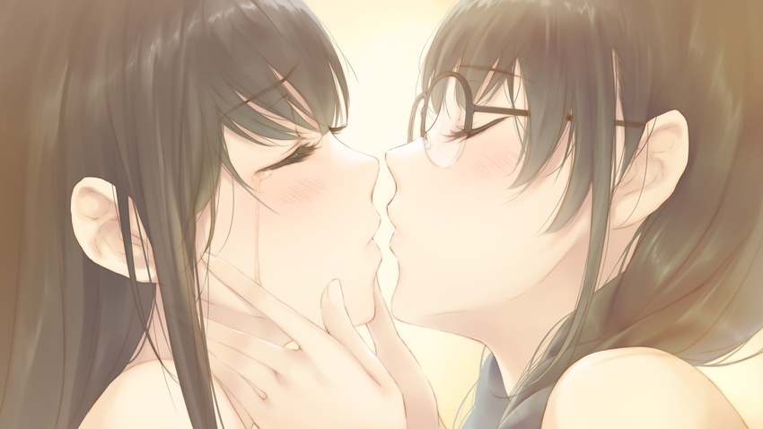 2girls flowers_(game) game_cg glasses hanabishi_rikka innocent_grey kissing shirahane_suou sugina_miki tears yuri