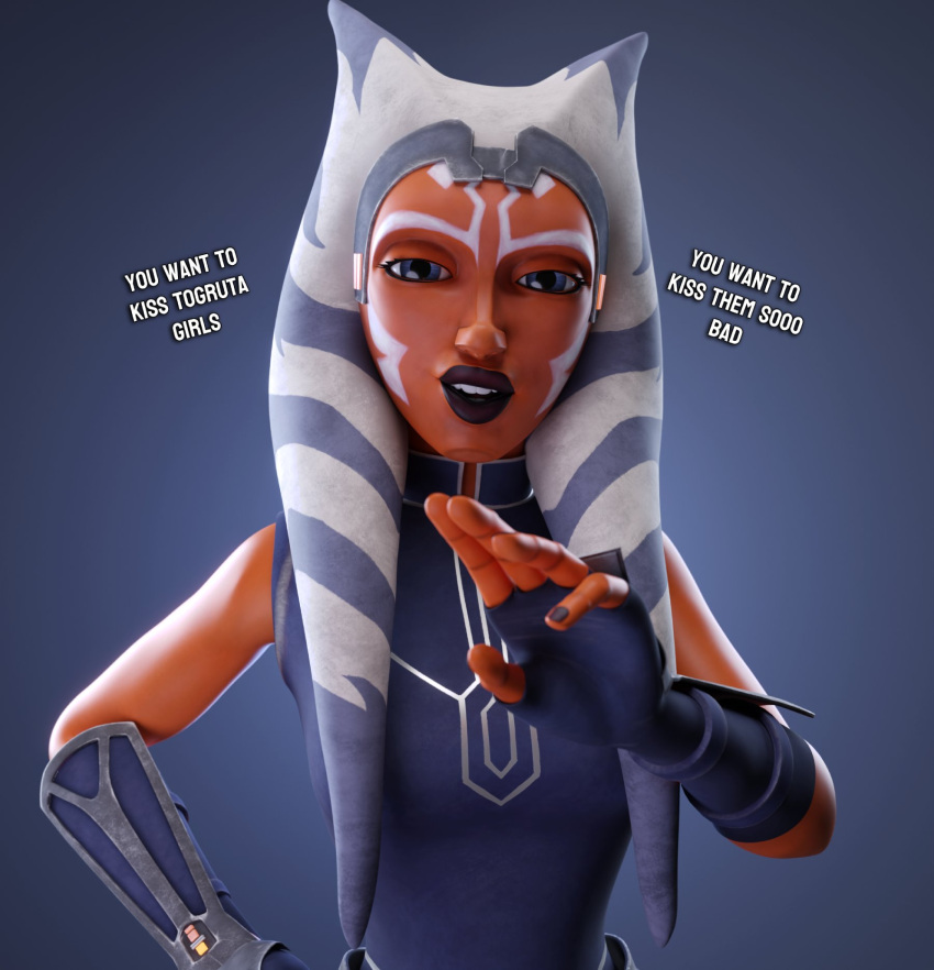 1girls 3d ahsoka_tano airress3d_(3d-modeller) alien alien_girl alien_humanoid athletic athletic_female blue_clothing breasts bust chest clone_wars dialogue dress english_text eyebrows eyelashes eyes female female_focus female_only fingerless_gloves fit fit_female gloves hand_on_hip hips humanoid large_breasts legs light-skinned_female light_skin lips looking_at_viewer lucasfilm magic magic_user mind_control open_mouth orange-skinned_female orange_body orange_skin sleeveless sleeveless_dress smitty34 star_wars teeth text the_clone_wars:_season_seven thick thick_legs thick_thighs thighs togruta upper_body waist wide_hips