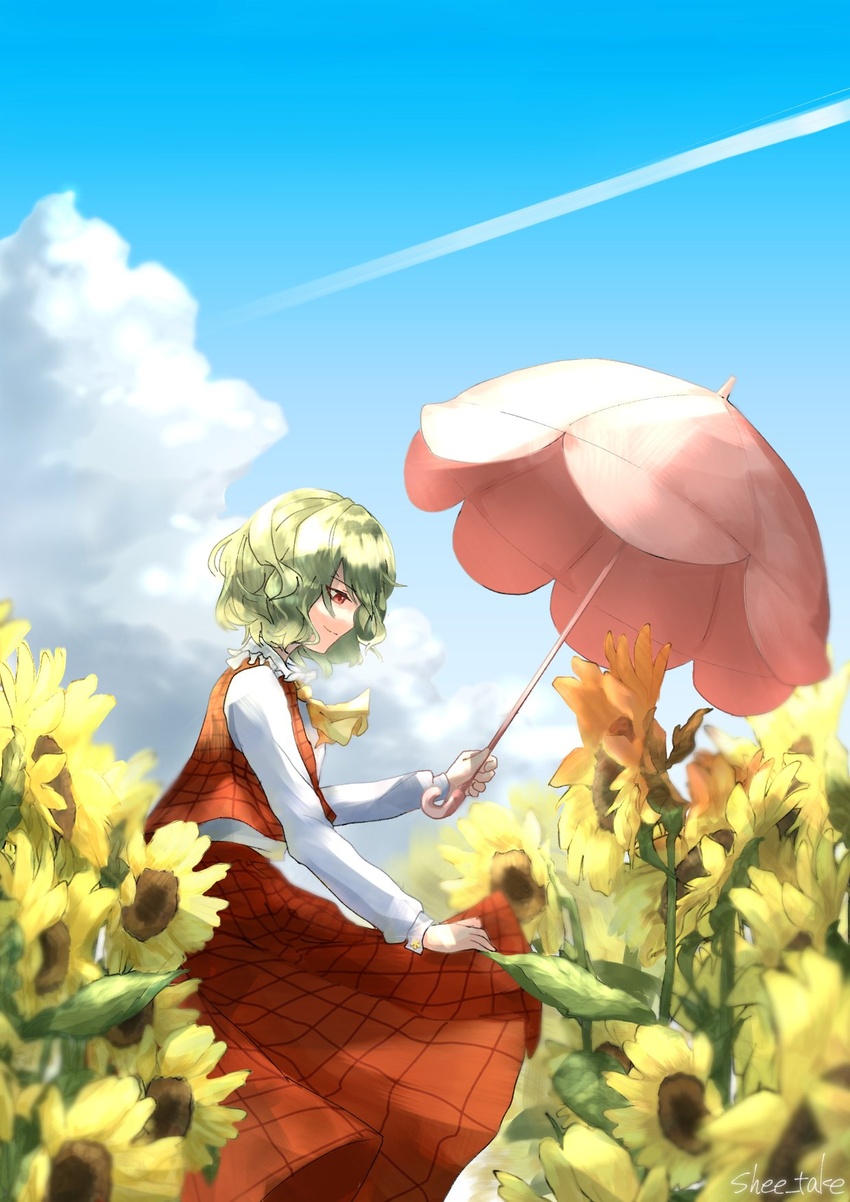 ascot collared_shirt commentary_request female field flower flower_field frilled_skirt frills garden_of_the_sun green_hair highres kazami_yuuka long_skirt long_sleeves open_clothes open_vest parasol plaid plaid_skirt plaid_vest red_eyes red_skirt red_vest shee_take shirt short_hair skirt skirt_set solo sunflower sunflower_field touhou umbrella vest wavy_hair white_shirt yellow_ascot