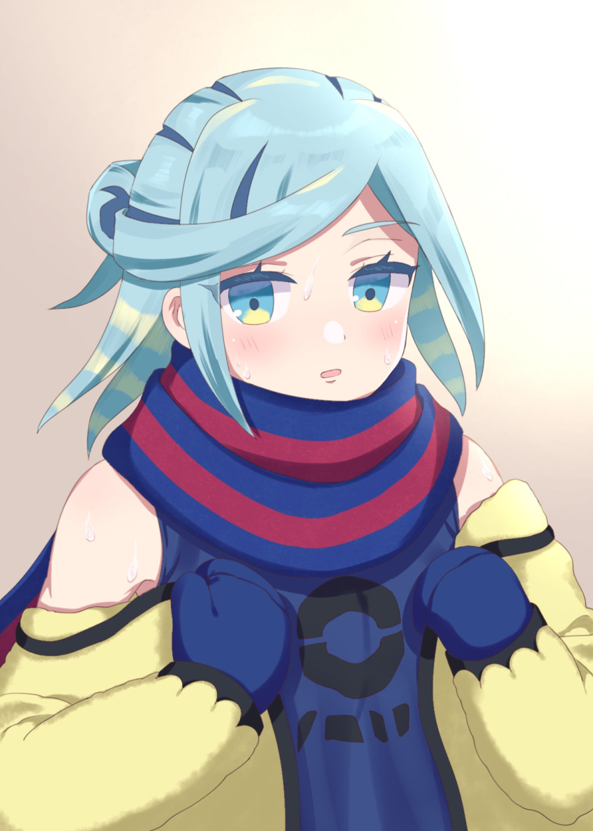 1boy aqua_eyes aqua_hair blue_mittens blue_scarf blue_shirt blush commentary_request eyelashes grusha_(pokemon) highres ichigomilk1515 jacket long_sleeves looking_at_viewer male_focus mittens off_shoulder pokemon pokemon_sv scarf shirt sleeveless sleeveless_shirt solo striped_clothes striped_scarf sweat upper_body yellow_jacket