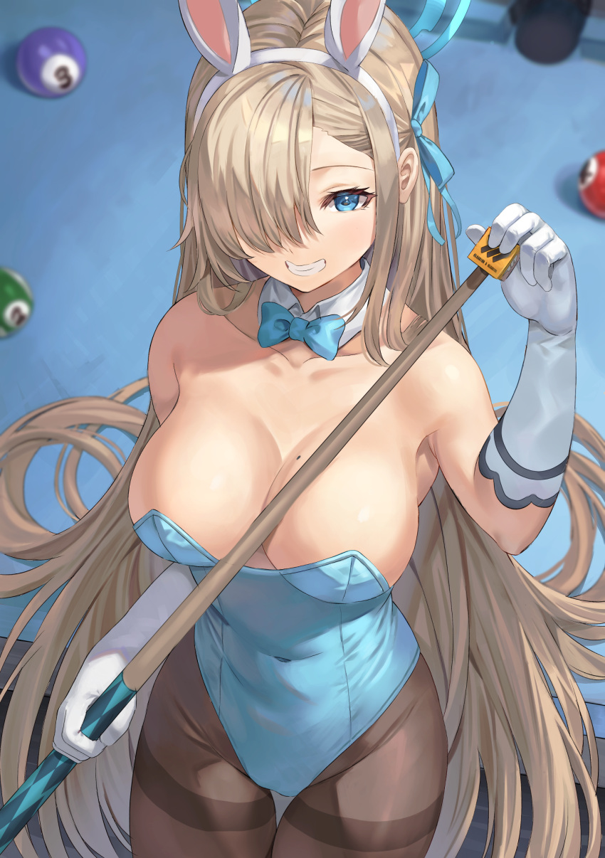 animal_ears asuna_(blue_archive) asuna_(bunny)_(blue_archive) ball bare_shoulders billiard_ball billiards blue_archive blue_eyes blue_leotard blush breasts brown_pantyhose cleavage commentary cue_stick detached_collar elbow_gloves fake_animal_ears female gloves grin hair_over_one_eye hair_ribbon halo highleg highleg_leotard highres large_breasts leotard light_brown_hair long_hair looking_at_viewer mole mole_on_breast official_alternate_costume pantyhose playboy_bunny pool_table rabbit_ears rangen ribbon smile solo strapless strapless_leotard symbol-only_commentary table thighband_pantyhose thighs very_long_hair white_gloves