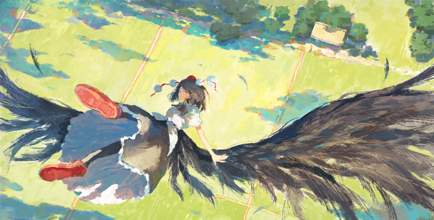 bird_wings black_feathers black_hair black_pantyhose black_skirt black_wings commentary feathers female fjsmu from_above grass hat highres house impressionism looking_at_viewer outdoors pantyhose pom_pom_(clothes) red_eyes red_footwear red_hat scenery shameimaru_aya shirt short_hair skirt solo tokin_hat touhou tree white_shirt wings