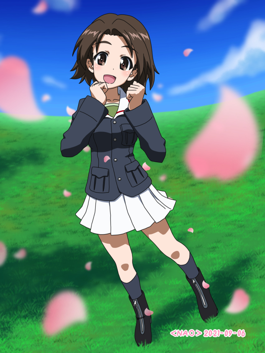 :d artist_name black_footwear black_socks blue_jacket blue_sky blurry blurry_foreground boots brown_eyes brown_hair clenched_hands cloud cloudy_sky commentary_request dated female full_body girls_und_panzer grass green_shirt highres horizon jacket long_sleeves looking_at_viewer military military_uniform miniskirt naotosi ooarai_military_uniform open_mouth outdoors parted_bangs petals pleated_skirt sawa_azusa shadow shirt short_hair skirt sky smile socks solo standing uniform white_skirt wind zipper