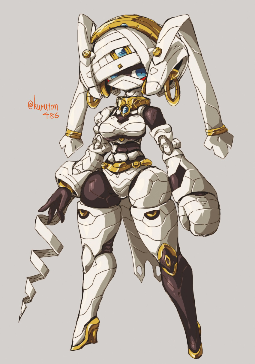 blue_eyes breasts drill earrings female full_body grey_background high_heels highres hoop_earrings humanoid_robot jewelry kuruton486 medium_breasts mummy_costume open_hand original robot science_fiction solo standing twitter_username