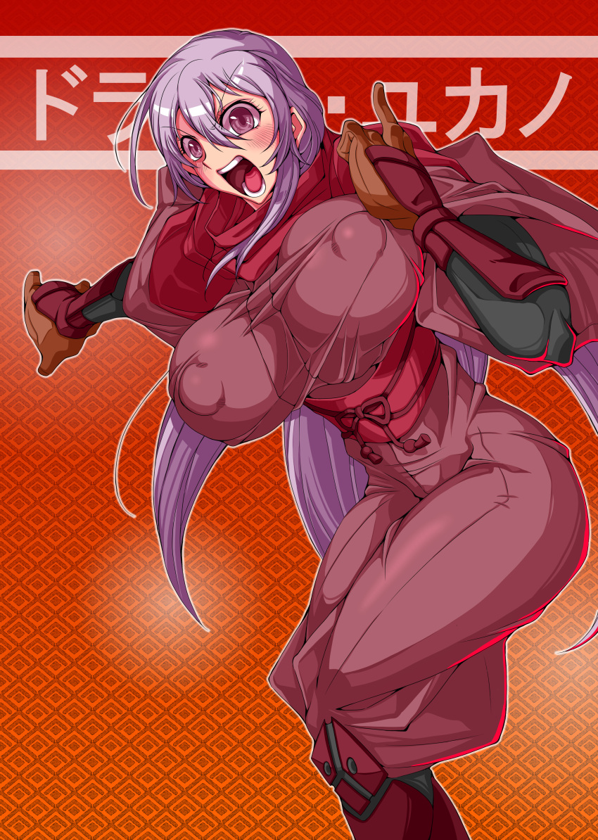 absurdres armored_boots armored_gloves boots breasts character_name covered_nipples dragon_yukano female highres huge_breasts long_hair looking_at_viewer ninja ninja_slayer open_mouth purple_eyes purple_hair red_scarf scarf solo teeth tongue vambraces yoshitsuki