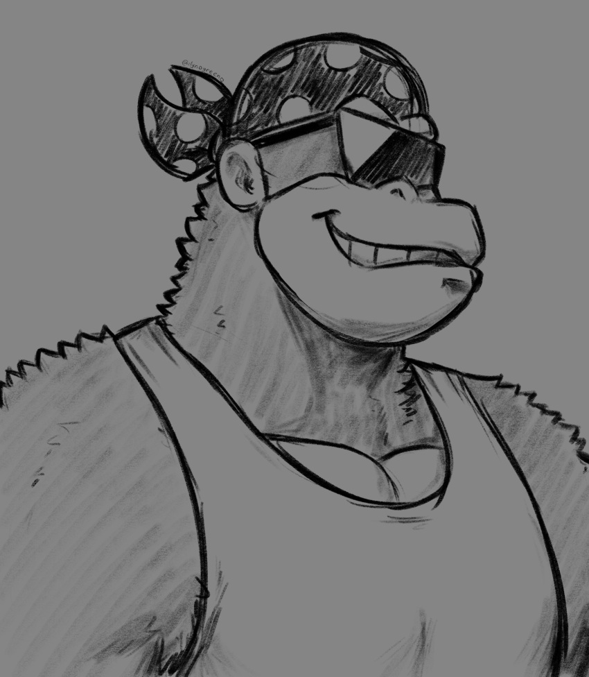 absurd_res anthro bandana clothing donkey_kong_(series) dynogreeno eyewear funky_kong fur haplorhine hi_res kerchief male mammal monkey monochrome muscular muscular_male nintendo pecs primate shirt simple_background smile solo sunglasses tank_top toothy_grin topwear