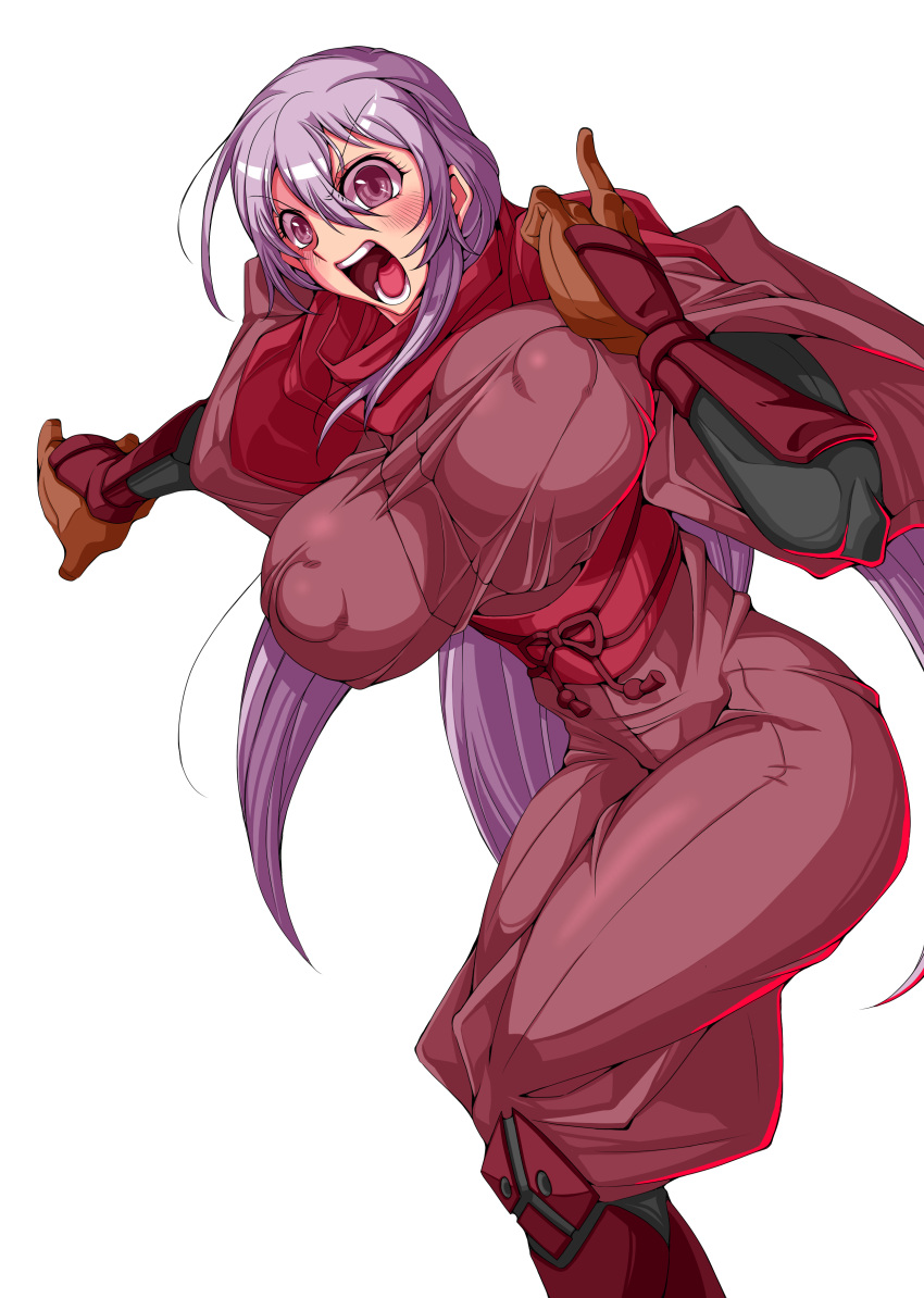 absurdres armored_boots armored_gloves boots breasts covered_nipples dragon_yukano female highres huge_breasts long_hair looking_at_viewer ninja ninja_slayer open_mouth outline purple_eyes purple_hair red_scarf scarf simple_background solo teeth tongue transparent_background vambraces white_outline yoshitsuki