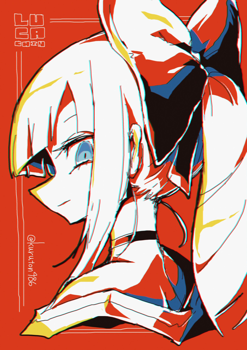 blue_eyes bow character_name choker chromatic_aberration female from_side hair_behind_ear hairbow highres huge_bow kuruton486 light_smile long_hair looking_at_viewer luca_(kuruton486) monochrome off_shoulder original ponytail red_background red_theme solo twitter_username