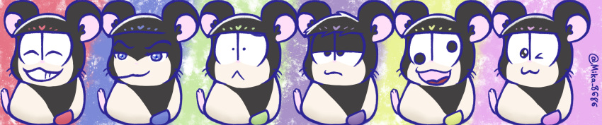 alternate_species black_body black_fur blue_eyes blue_tail choromatsu_matsuno cricetid crossover digital_drawing_(artwork) digital_media_(artwork) feral fur furrification green_tail group hair hamster hamtaro_(series) hi_res ichimatsu_matsuno jyushimatsu_matsuno karamatsu_matsuno long_image lunarpanda8686 male mammal mr._osomatsu osomatsu_matsuno pink_nose pink_tail purple_tail red_tail rodent shaded simple_background soft_shading tail todomatsu_matsuno whiskers white_body white_fur wide_image yellow_tail