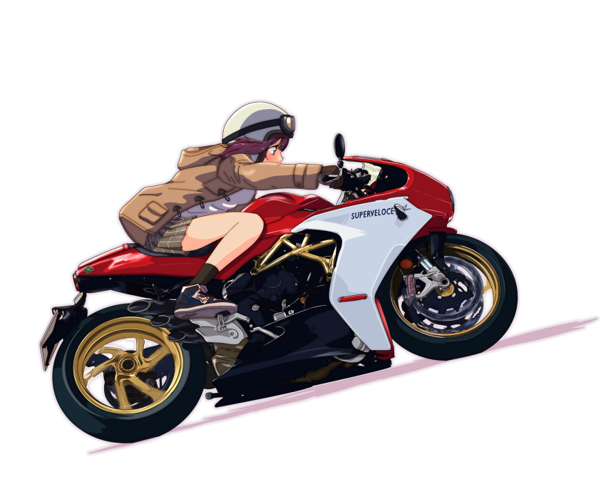 brown_hair female gloves goggles goggles_on_headwear helmet highres jacket jagi_(jagi_souken) motor_vehicle motorcycle motorcycle_helmet mv_agusta_superveloce school_uniform solo toki_ayano white_background yurucamp