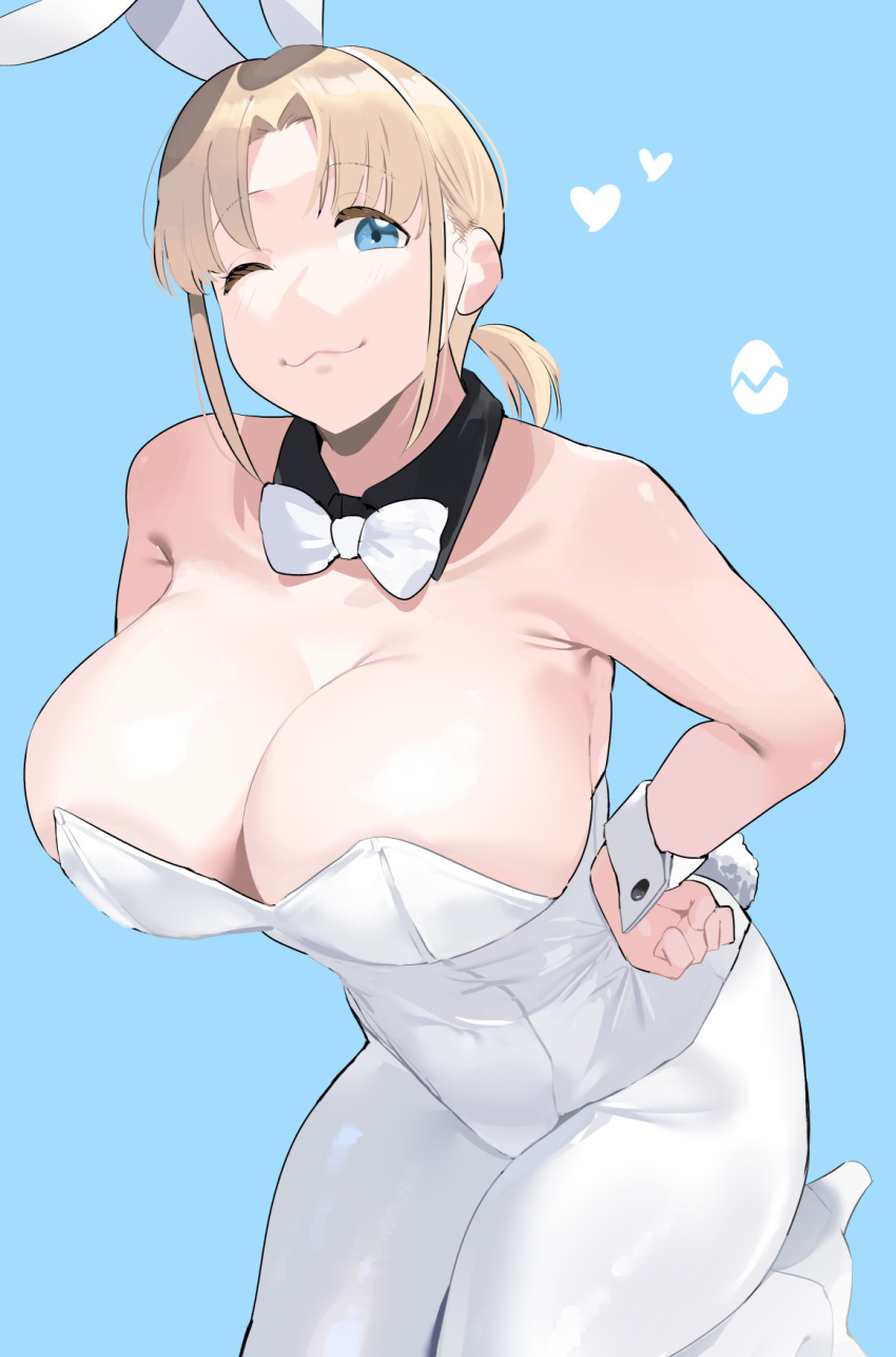 animal_ears bare_shoulders blonde_girl_(okpriko) blonde_hair blue_background blue_eyes bow bowtie breasts cleavage commentary detached_collar egg female hands_on_own_hips heart high_heels highres huge_breasts leotard looking_at_viewer okpriko one_eye_closed original pantyhose playboy_bunny rabbit_ears short_ponytail simple_background smile solo strapless strapless_leotard tareme white_bow white_bowtie white_footwear white_pantyhose wrist_cuffs