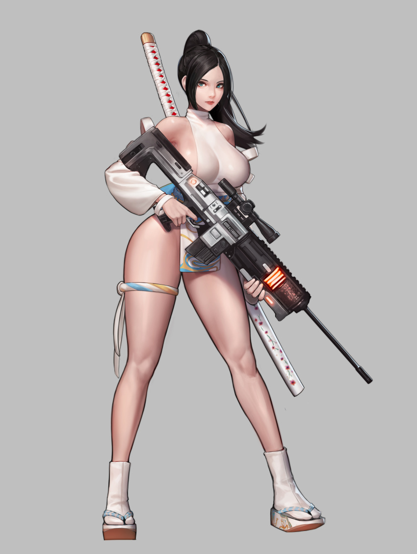 absurdres bare_legs black_hair breasts cleavage clogs female full_body green_eyes grey_background gun highres holding holding_gun holding_weapon jungon_kim katana large_breasts long_hair looking_at_viewer original ponytail rifle simple_background sniper_rifle solo sword thighs warrior weapon