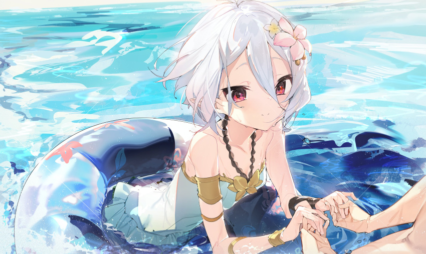 1boy aida_(chinhung0612) armlet closed_mouth elf female flower grey_hair hair_between_eyes hair_flower hair_ornament hands highres holding_hands innertube kokkoro_(princess_connect!) kokkoro_(summer)_(princess_connect!) looking_at_viewer partially_submerged pointy_ears princess_connect! red_eyes short_hair smile split_mouth straight swim_ring water