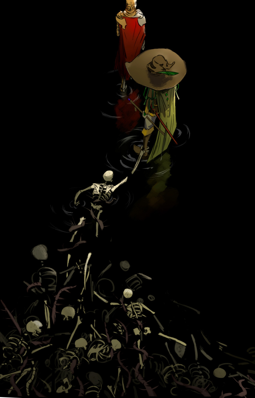 2boys absurdres ankle_grab armor black_background boots brown_footwear brown_headwear cape d_hunter_of_the_dead elden_ring from_above from_behind green_cape hat hat_feather helmet highres multiple_boys red_cape reflection ripples shirleys skeleton sorcerer_rogier wizard_hat