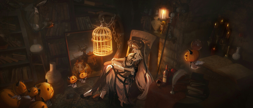 arknights birdcage black_choker black_dress black_footwear black_headwear blonde_hair blunt_bangs bonnet book book_stack bookshelf borrowed_inset bottle cage candle candlestand chains chair choker closed_mouth commentary cup double-flo dress drinking_glass female fire francisco_goya full_body ghost_costume high_heels indoors jack-o'-lantern lantern long_hair nightingale_(an_elegy)_(arknights) nightingale_(arknights) official_alternate_costume painting_(object) pumpkin quill reading rocking_chair sitting spirit staff taxidermy vase very_long_hair wine_bottle wine_glass wings witches'_sabbath_(francisco_goya)