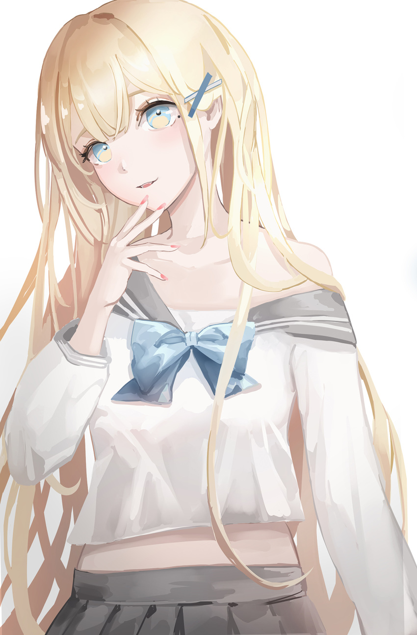 black_skirt blonde_hair blue_eyes bow female finger_to_mouth highres lielac long_hair looking_at_viewer nail_polish open_mouth original photoshop_(medium) school_uniform shirt skirt smile solo uniform white_background white_shirt