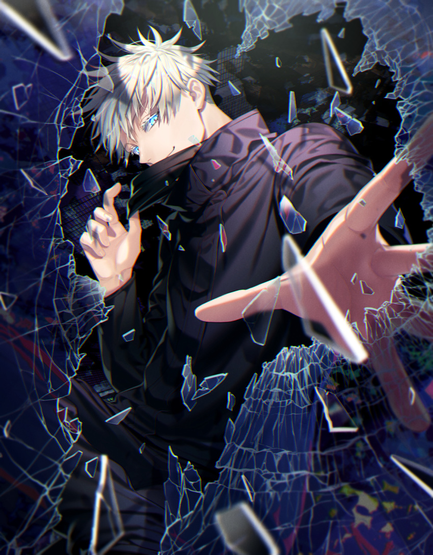 1boy black_background black_blindfold black_jacket black_pants blindfold blindfold_down blue_eyes broken_glass closed_mouth commentary_request cowboy_shot glass glass_shards gojou_satoru high_collar highres jacket jujutsu_kaisen long_sleeves looking_at_viewer male_focus noes open_hands pants reaching reaching_towards_viewer short_hair smile solo white_hair