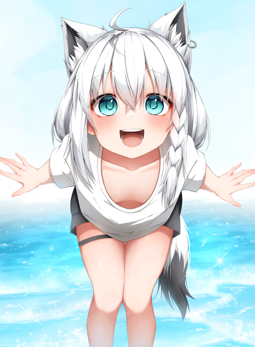 absurdres aged_down ahoge animal_ear_fluff animal_ears black_shorts blush braid breasts collarbone commentary_request day downblouse earrings extra_ears female fox_ears fox_girl fox_tail green_eyes hair_between_eyes highres hololive jewelry leaning_forward long_hair looking_at_viewer ocean open_mouth outdoors pepushi_drow shirakami_fubuki shirt short_shorts short_sleeves shorts sidelocks single_braid small_breasts smile solo tail thigh_strap virtual_youtuber wading white_hair white_shirt